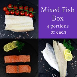 Frozen Seabass: Cod, Seabass & Salmon Fish Box -12 portions title=